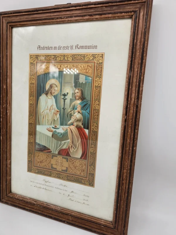 Pamiątka komunijna 33x46 cm – Niemcy, 1910 – bogato zdobiona oprawa i grafika religijna