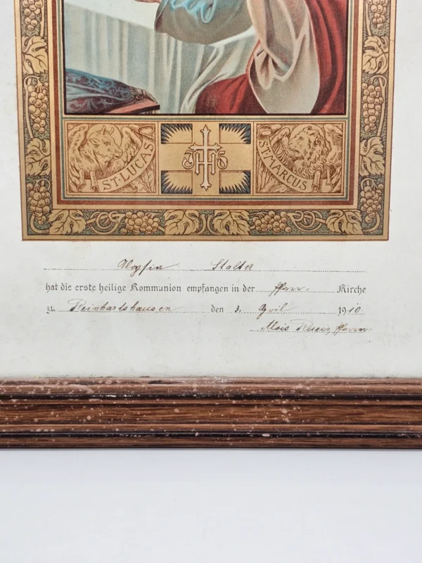 Pamiątka komunijna 33x46 cm – Niemcy, 1910 – bogato zdobiona oprawa i grafika religijna