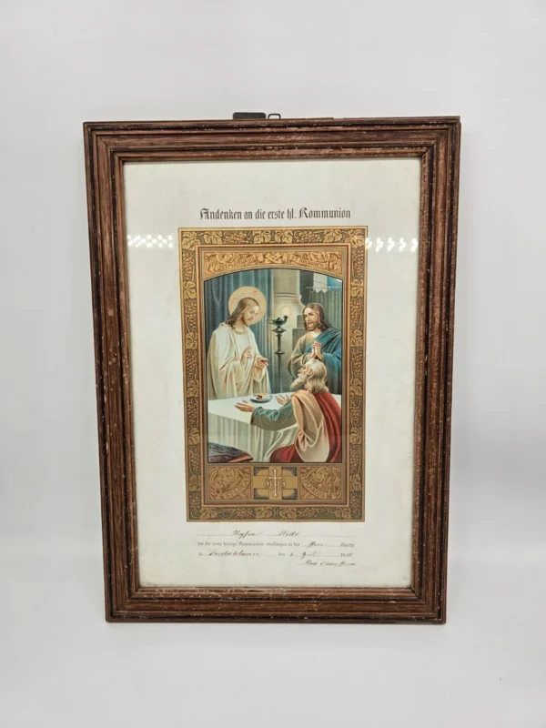 Pamiątka komunijna 33x46 cm – Niemcy, 1910 – bogato zdobiona oprawa i grafika religijna