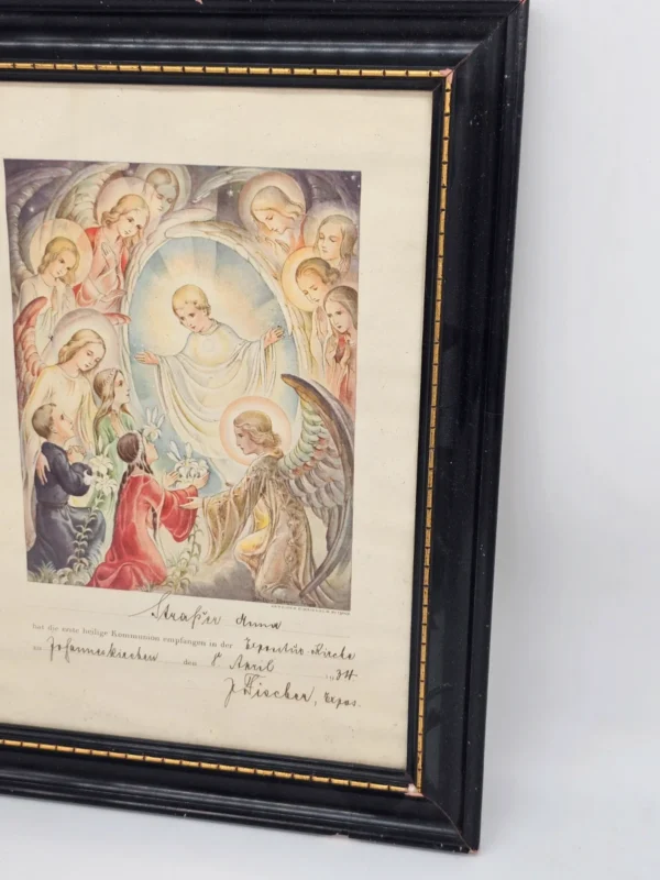 Grafika komunijna „Anioły i Dzieci” z 1934 r. w czarnej ramie – 30 × 40 cm