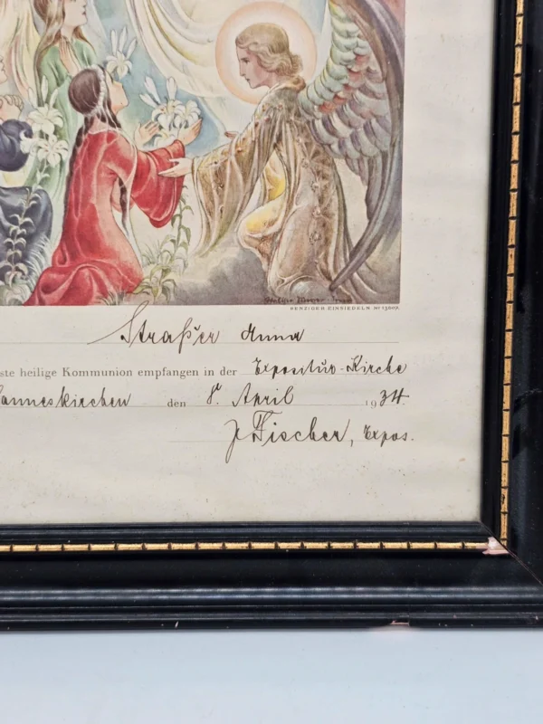 Grafika komunijna „Anioły i Dzieci” z 1934 r. w czarnej ramie – 30 × 40 cm