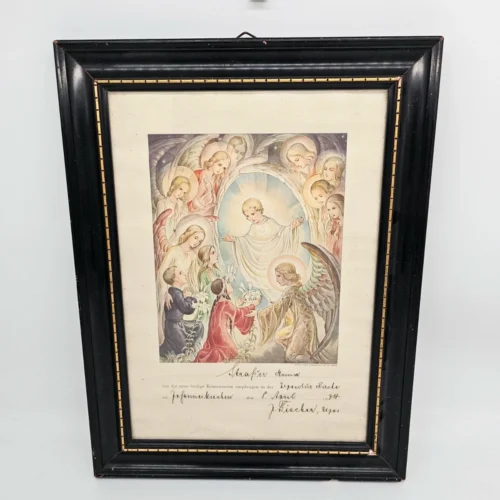 Grafika komunijna „Anioły i Dzieci” z 1934 r. w czarnej ramie – 30 × 40 cm