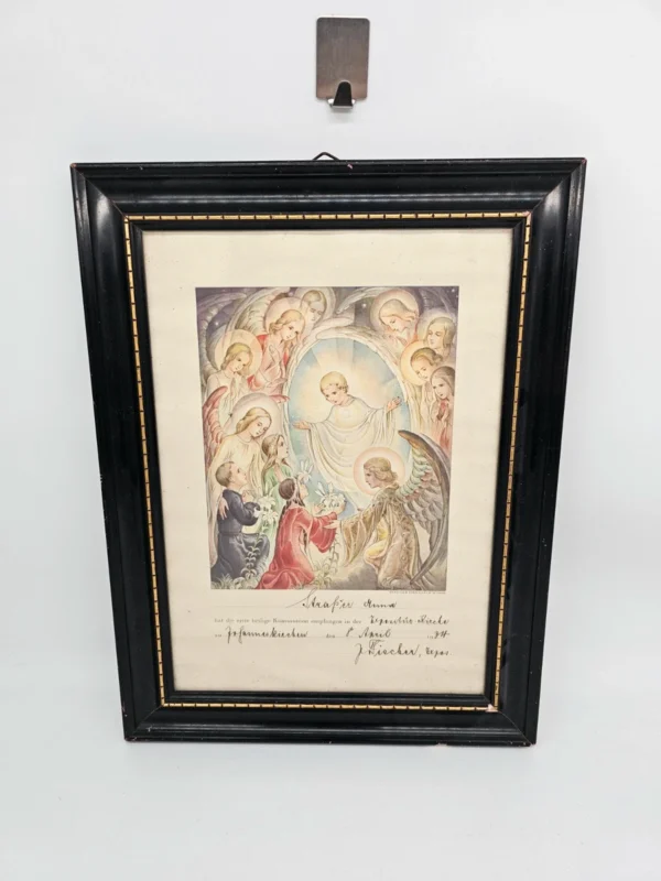 Grafika komunijna „Anioły i Dzieci” z 1934 r. w czarnej ramie – 30 × 40 cm