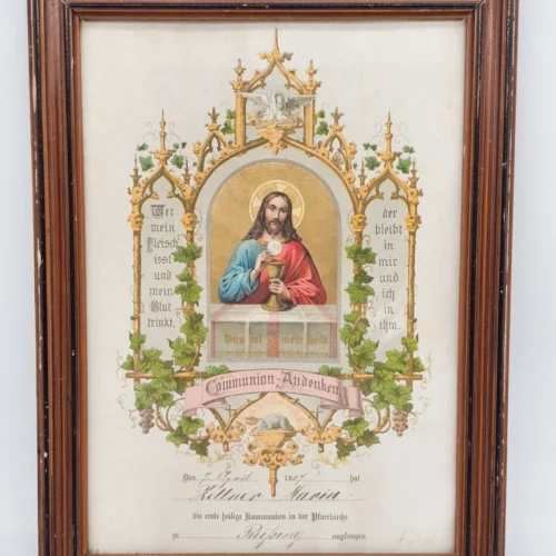 Pamiątkowy obraz komunijny z 1907 roku – Maria Zillner, Rißing w drewnianej ramie 24x32 cm