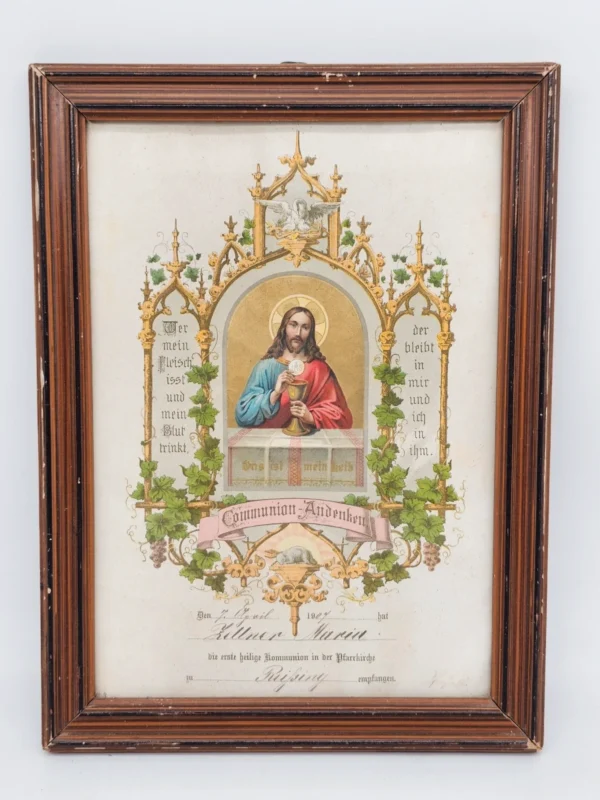 Pamiątkowy obraz komunijny z 1907 roku – Maria Zillner, Rißing w drewnianej ramie 24x32 cm