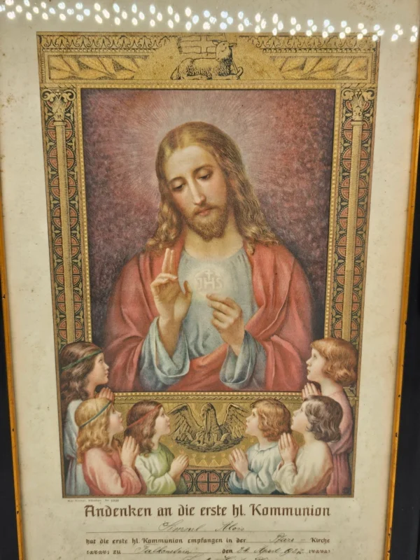 Pamiątka komunijna z Jezusem i dziećmi, 30x44 cm, Niemcy 1927 – ramka czarna