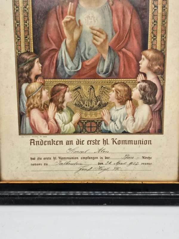 Pamiątka komunijna z Jezusem i dziećmi, 30x44 cm, Niemcy 1927 – ramka czarna