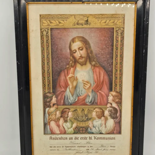 Pamiątka komunijna z Jezusem i dziećmi, 30x44 cm, Niemcy 1927 – ramka czarna
