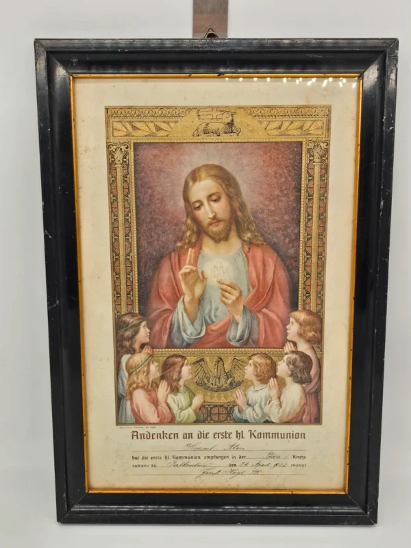 Pamiątka komunijna z Jezusem i dziećmi, 30x44 cm, Niemcy 1927 – ramka czarna