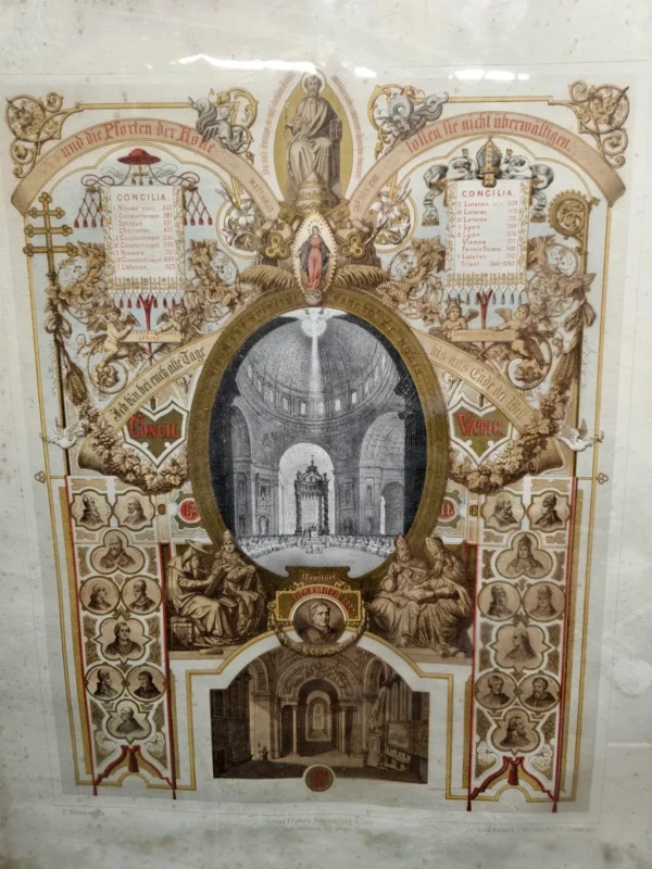 Rama złocona + grafika religijna „Concilium Vaticanum” C. Scheurena, XIX w., 54x68 cm
