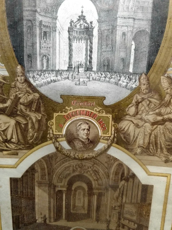 Rama złocona + grafika religijna „Concilium Vaticanum” C. Scheurena, XIX w., 54x68 cm