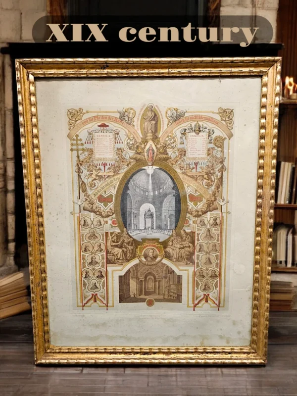 Rama złocona + grafika religijna „Concilium Vaticanum” C. Scheurena, XIX w., 54x68 cm