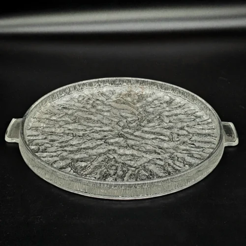 Szklana taca vintage w stylu brutalistycznym, Ø 29 cm – szkło lodowe, uchwyty