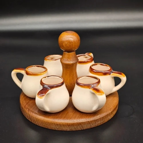 Rustykalny zestaw: 6 ceramicznych kieliszków z podstawką – handmade, ok. 50 ml