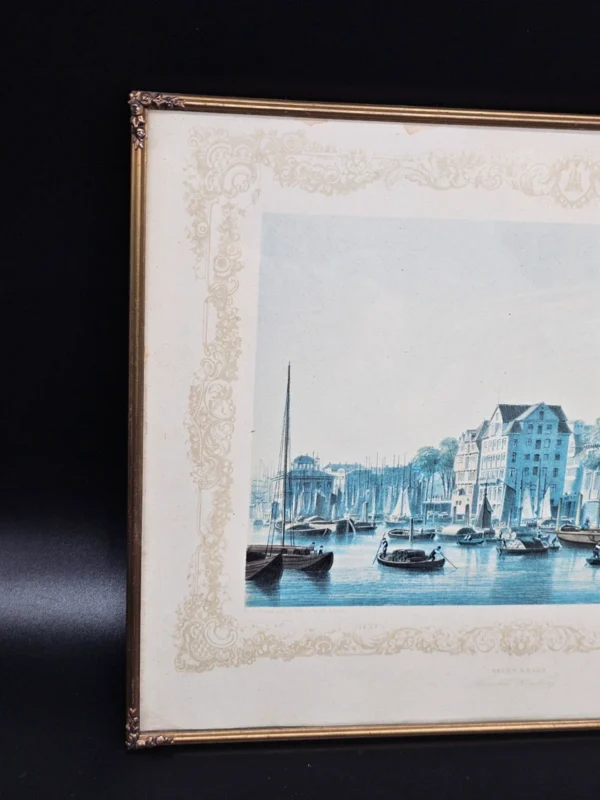 Obraz „Neuer Krahn – Broschek Hamburg”, litografia w ramie mosiężnej 24x30 cm