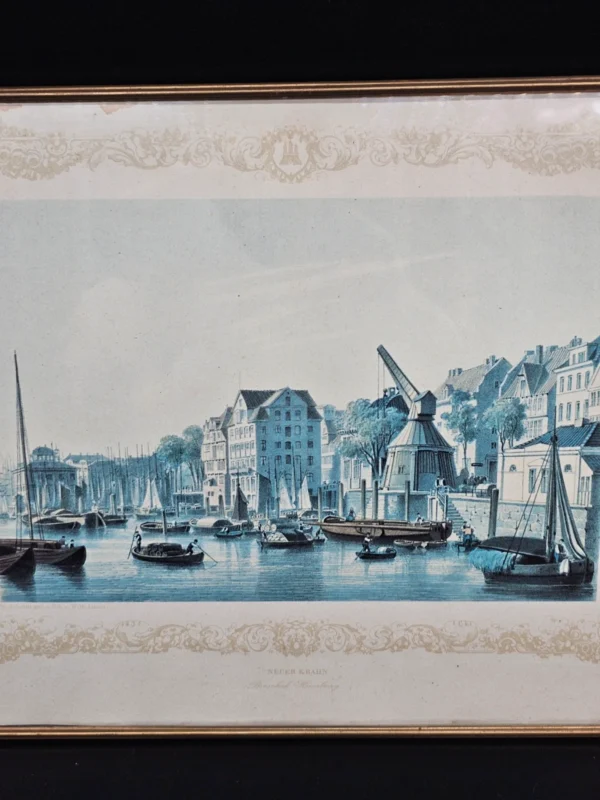 Obraz „Neuer Krahn – Broschek Hamburg”, litografia w ramie mosiężnej 24x30 cm