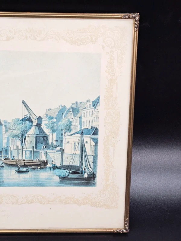 Obraz „Neuer Krahn – Broschek Hamburg”, litografia w ramie mosiężnej 24x30 cm