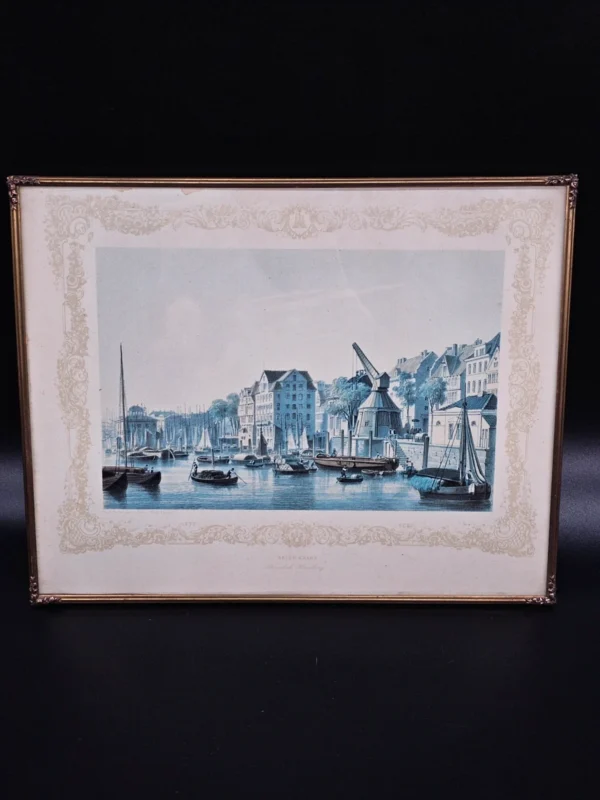 Obraz „Neuer Krahn – Broschek Hamburg”, litografia w ramie mosiężnej 24x30 cm