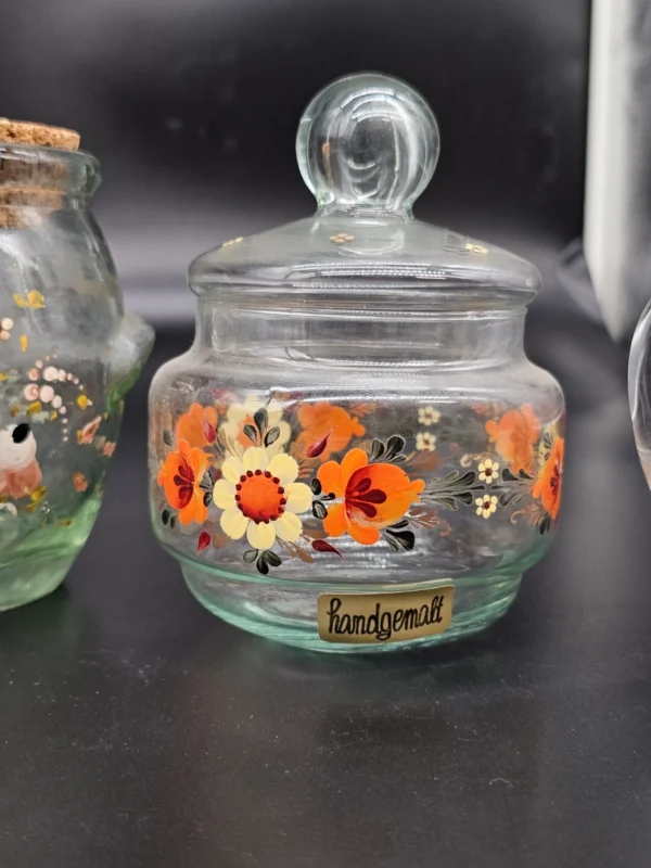 Zestaw 4 ręcznie malowanych pojemników i naczyń ze szkła – rustykalne, vintage „handgemalt”