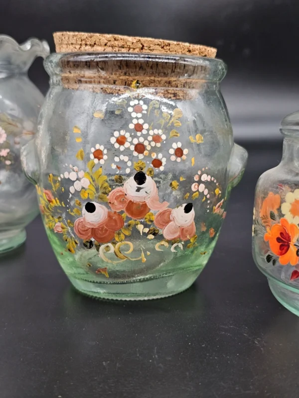 Zestaw 4 ręcznie malowanych pojemników i naczyń ze szkła – rustykalne, vintage „handgemalt”
