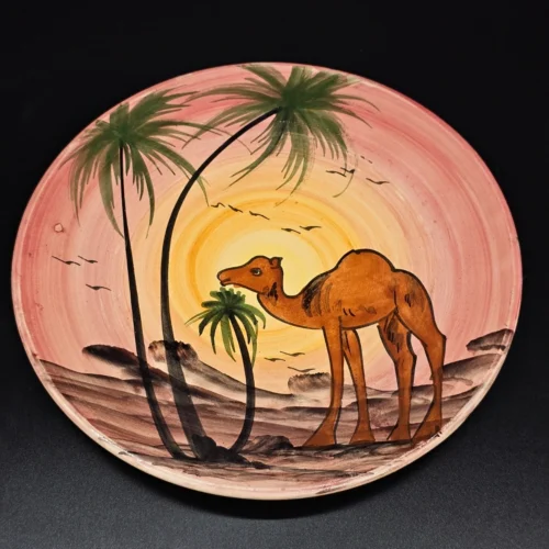 Ceramiczny talerz ścienny z motywem pustyni i wielbłąda – ręcznie malowany, Ø 27 cm