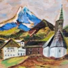 Ręcznie malowany drewniany talerz dekoracyjny – pejzaż alpejski, Ø 25 cm (Martin Schubert, 1993)