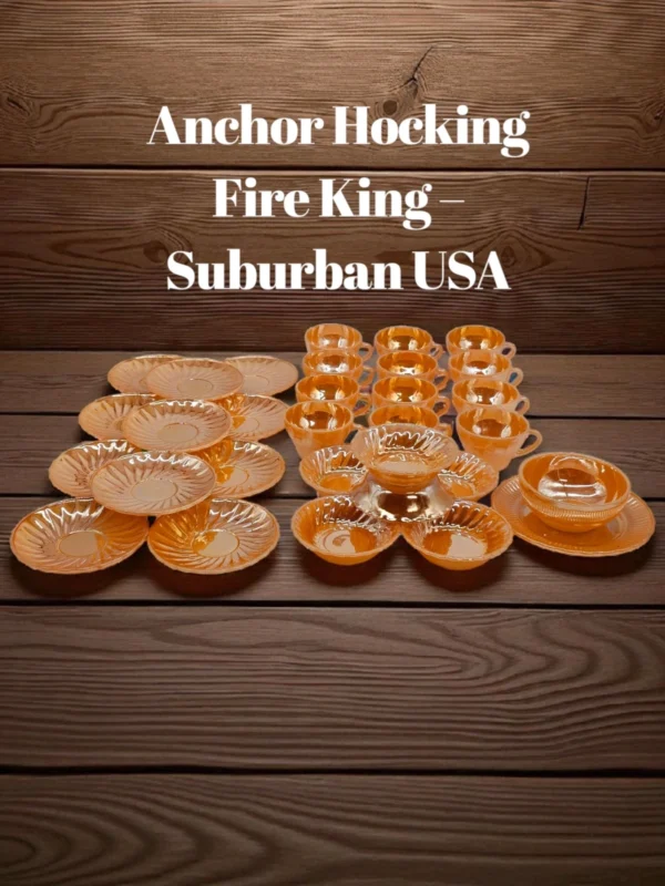 Duży zestaw Anchor Hocking Fire King USA, lata 50./60 szkło iryzowane Suburbia