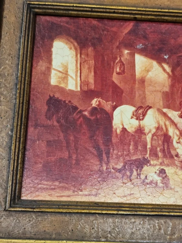 Reprodukcja malarstwa olejnego  „Pferdestall” (Stajnia z końmi) sygn. Verschu’r, 42 × 35 cm