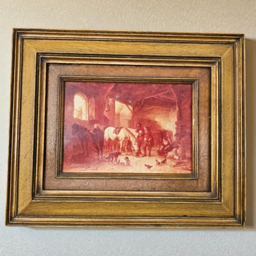 Reprodukcja malarstwa olejnego  „Pferdestall” (Stajnia z końmi) sygn. Verschu’r, 42 × 35 cm