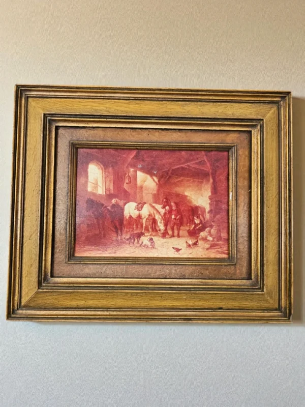 Reprodukcja malarstwa olejnego  „Pferdestall” (Stajnia z końmi) sygn. Verschu’r, 42 × 35 cm