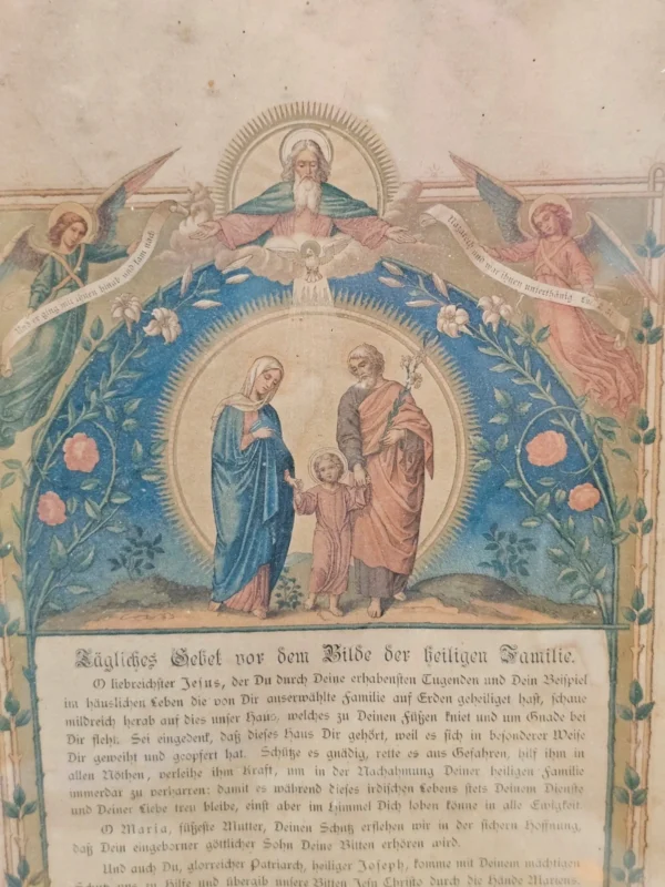 Zabytkowa grafika religijna – Modlitwa do Świętej Rodziny, XIX/XX w., w ramie