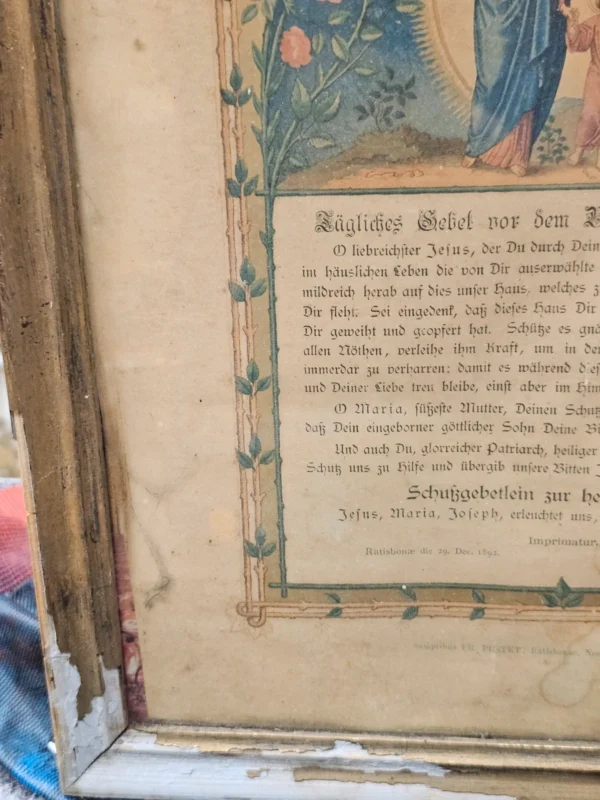 Zabytkowa grafika religijna – Modlitwa do Świętej Rodziny, XIX/XX w., w ramie