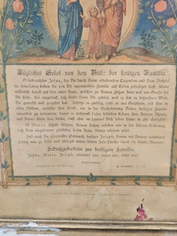 Zabytkowa grafika religijna – Modlitwa do Świętej Rodziny, XIX/XX w., w ramie