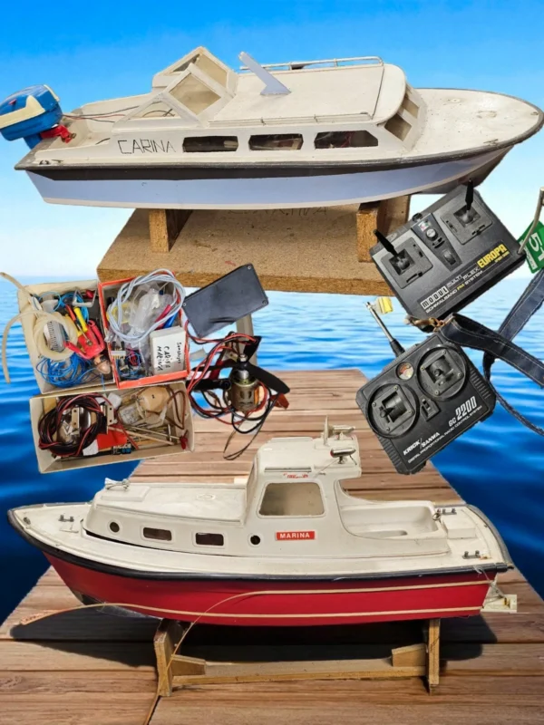 Zestaw RC, 2 łodzie modelarskie Carina & Marina + elektronika, piloty, części
