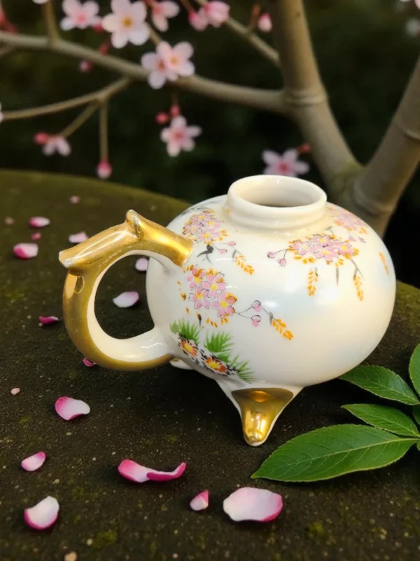 Japońska porcelana ręcznie malowana – czajniczek / imbryk na trzech złotych nóżkach, sygnowany