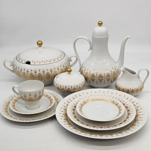 Zestaw porcelany Hutschenreuther Tirschenreuth Germany – biało-złoty komplet obiadowo-kawowy vintage