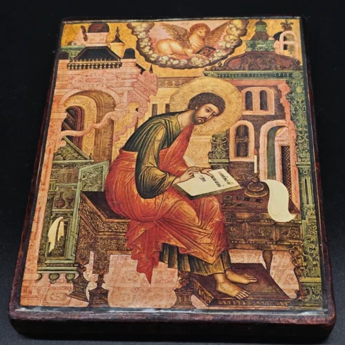 Ikona „Ewangelista Łukasz” II poł. XVII w., reprodukcja Galerie Ilas Neufert, Monachium, 16×21 cm