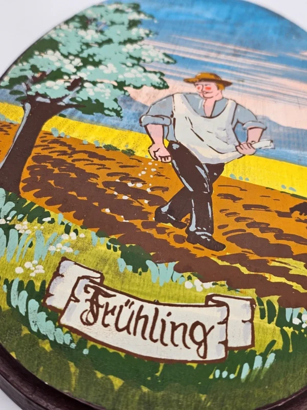Zestaw 4 drewnianych tablic „Pory roku” ręcznie malowane, Niemcy, lata 70–80.