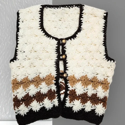 Ręcznie robiony wełniany bezrękawnik vintage – folkowy wzór, M+