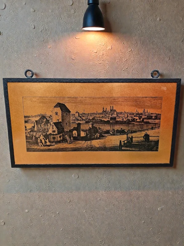 Miedziany obraz panoramiczny stare miasto metalowa dekoracja ścienna 38x71 cm
