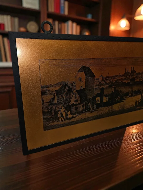 Miedziany obraz panoramiczny stare miasto metalowa dekoracja ścienna 38x71 cm