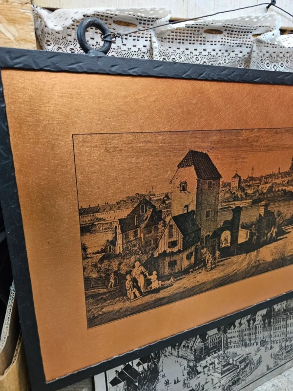 Miedziany obraz panoramiczny stare miasto metalowa dekoracja ścienna 38x71 cm