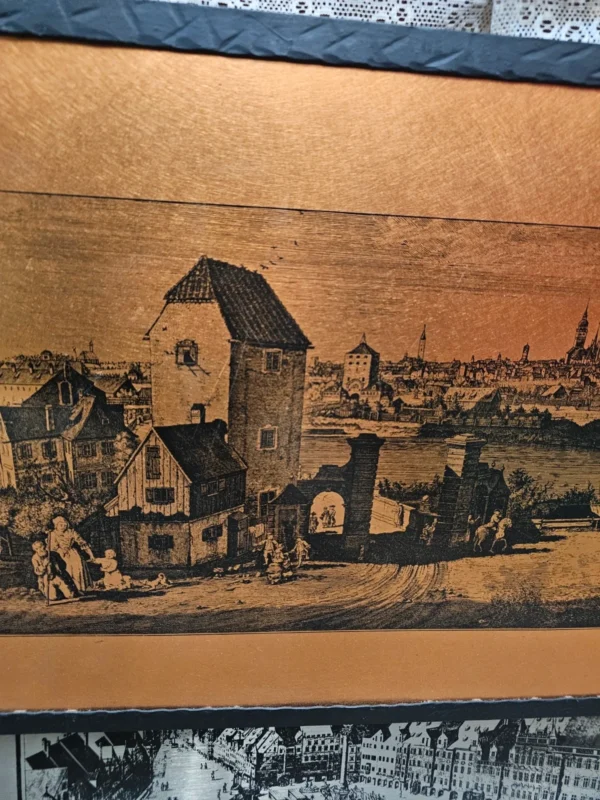 Miedziany obraz panoramiczny stare miasto metalowa dekoracja ścienna 38x71 cm