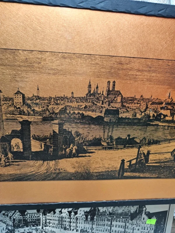 Miedziany obraz panoramiczny stare miasto metalowa dekoracja ścienna 38x71 cm