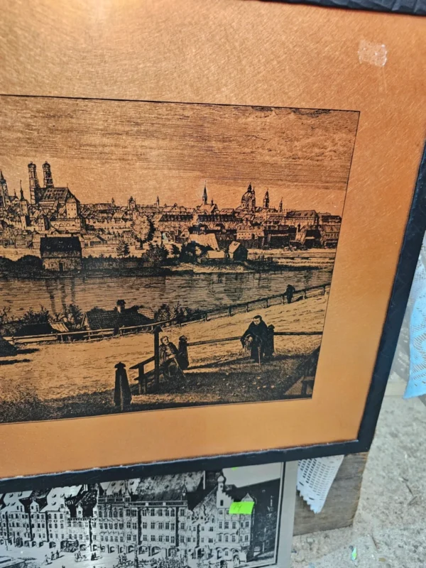 Miedziany obraz panoramiczny stare miasto metalowa dekoracja ścienna 38x71 cm