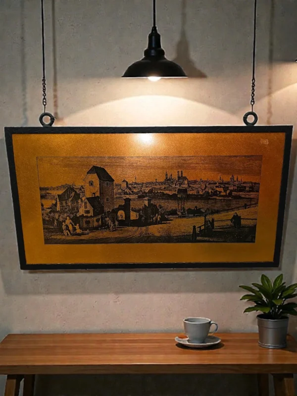 Miedziany obraz panoramiczny stare miasto metalowa dekoracja ścienna 38x71 cm