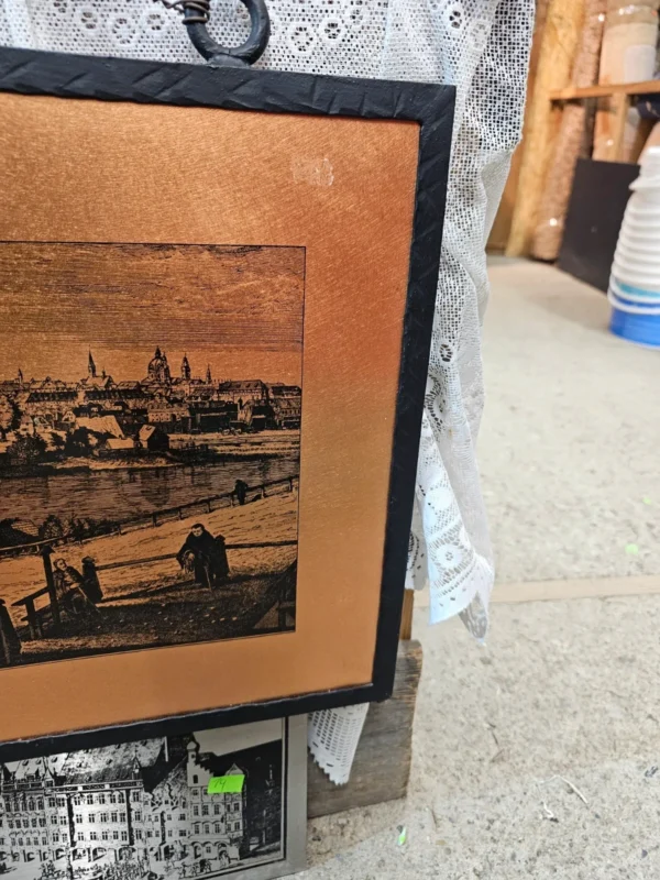 Miedziany obraz panoramiczny stare miasto metalowa dekoracja ścienna 38x71 cm