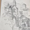 Rysunek ołówkiem Zamek średniowieczny szkic architektoniczny A4