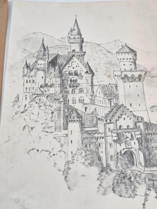 Rysunek ołówkiem Zamek średniowieczny szkic architektoniczny A4