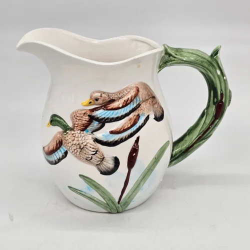 Ceramiczny dzbanek kubek z reliefem kaczki ręcznie zdobiony vintage